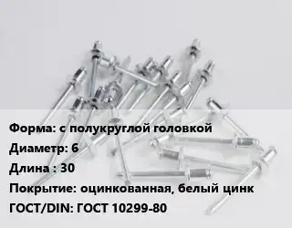 Заклепка с полукруглой головкой 6х30 оцинкованная, белый цинк ГОСТ: ГОСТ 10299-80
